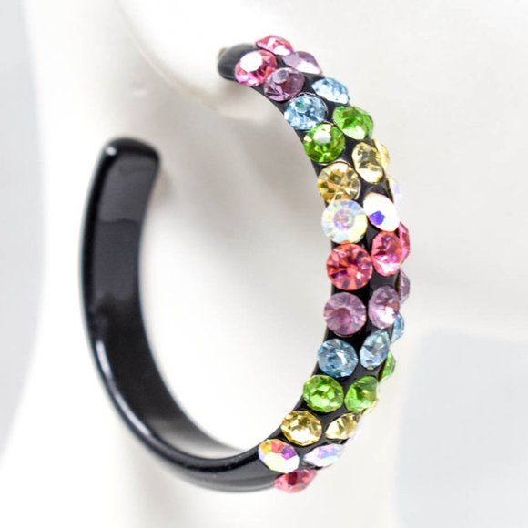 2" Diagonal Multicolor Rhinestones Black Hoops (B) - Picture 7 of 13